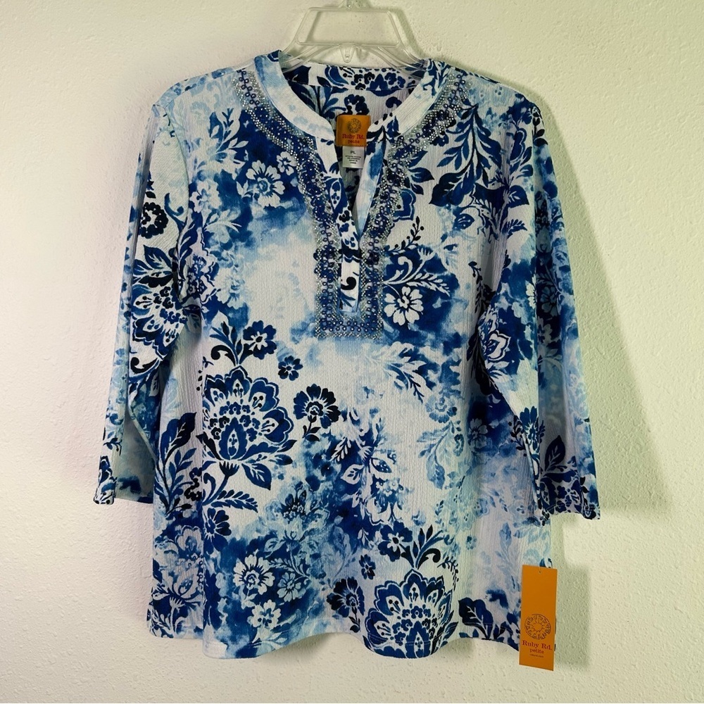 Ruby Rd. Beaded Tunic Top Women's Petite Size LP Blue Peasant Boho Flowy